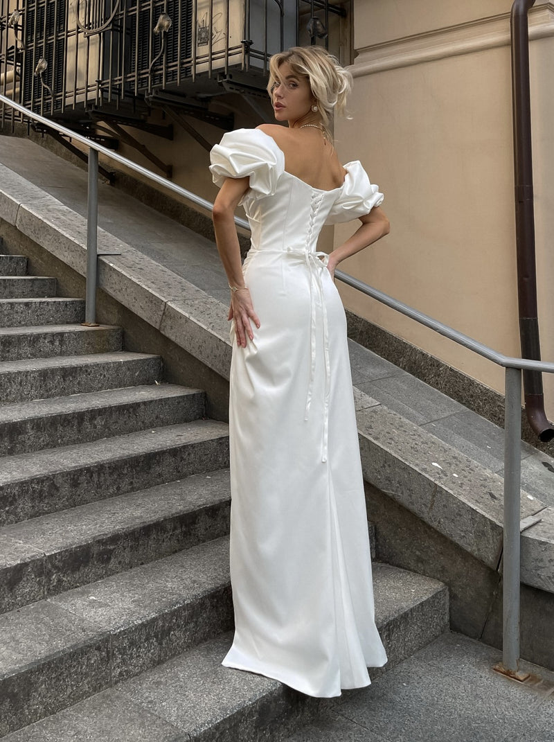 Puff sleeve ruched wedding dress in satin