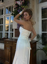 lace up bandeau strapless bridal gown in satin