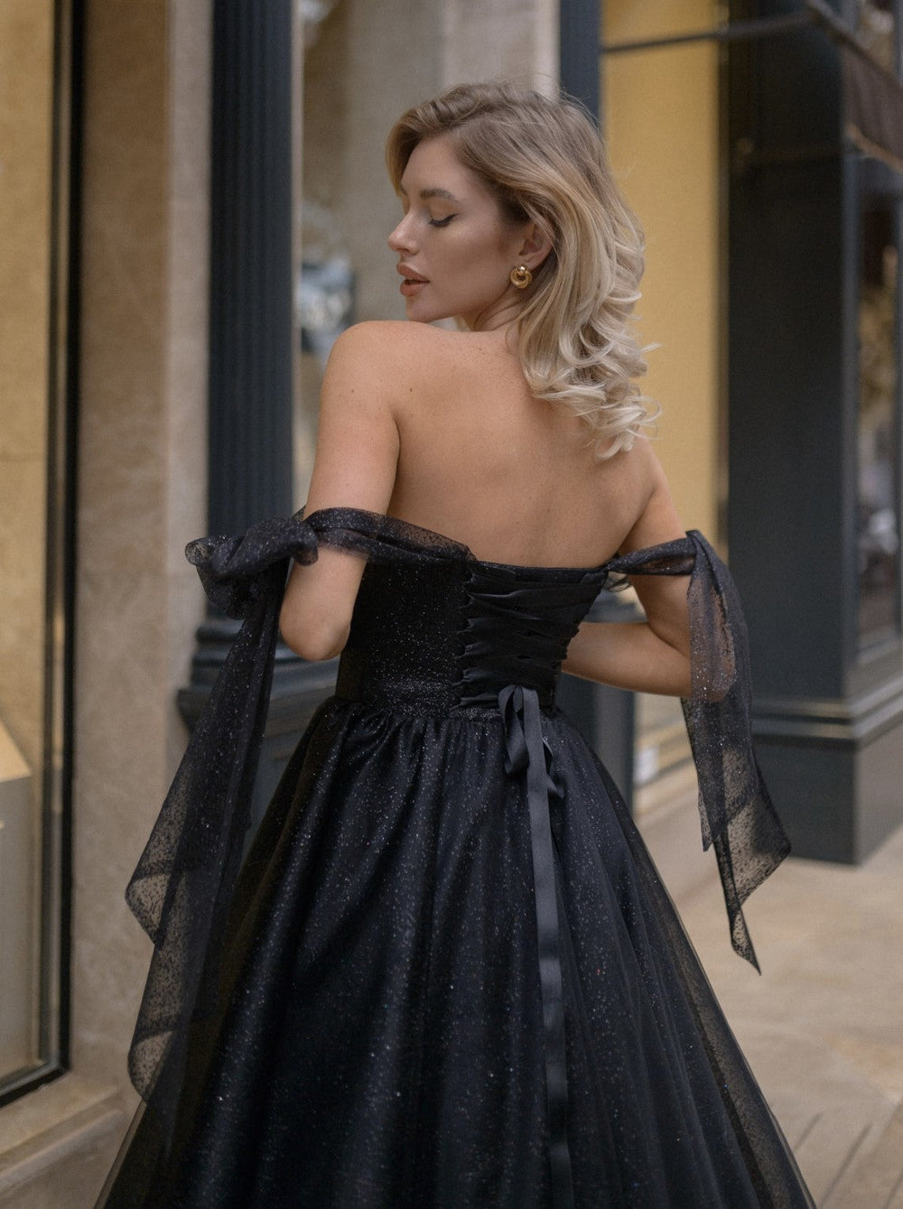 Tie strap formal event ballerina dress in black  La Novale Atelier