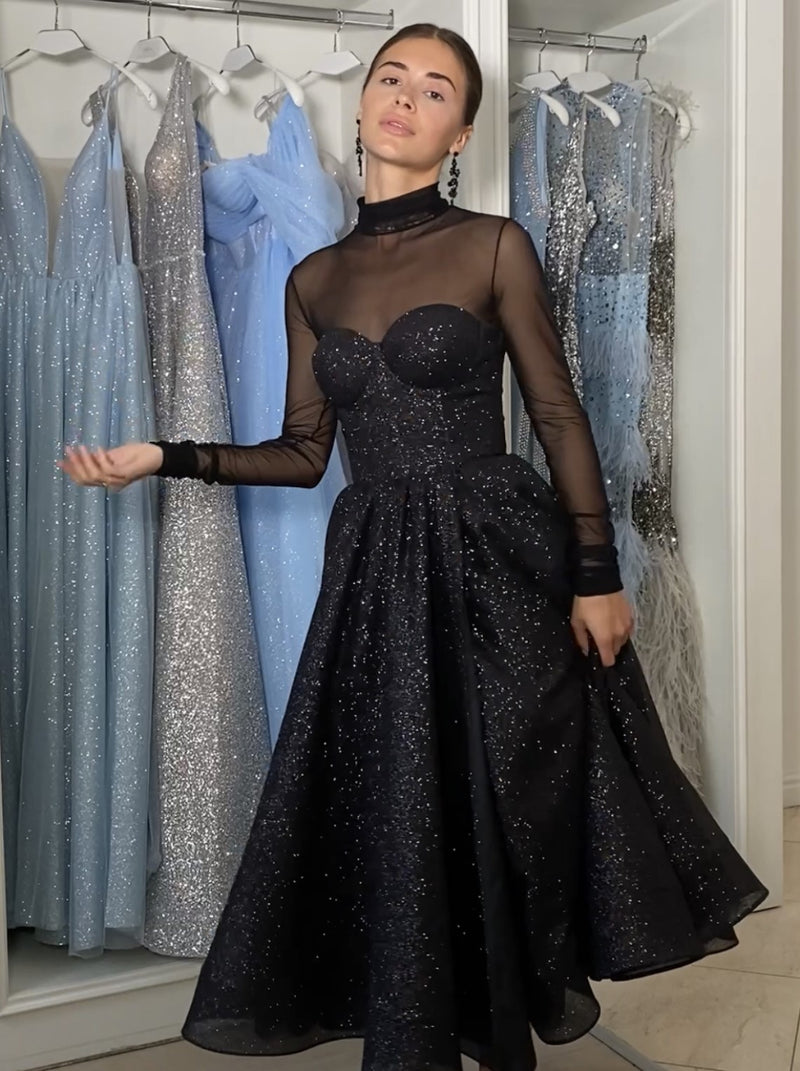 Long Sleeve Mesh Evening Gown Sparkle Evening Dress With High Neck