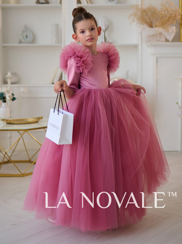 full length Mauve flower girl dress with half sleeve