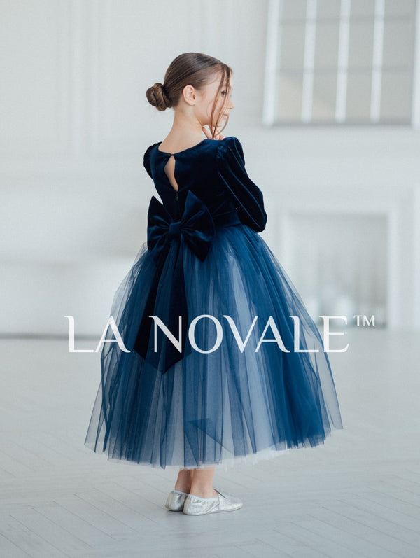 Two tone velvet flower girl dress with long sleeves