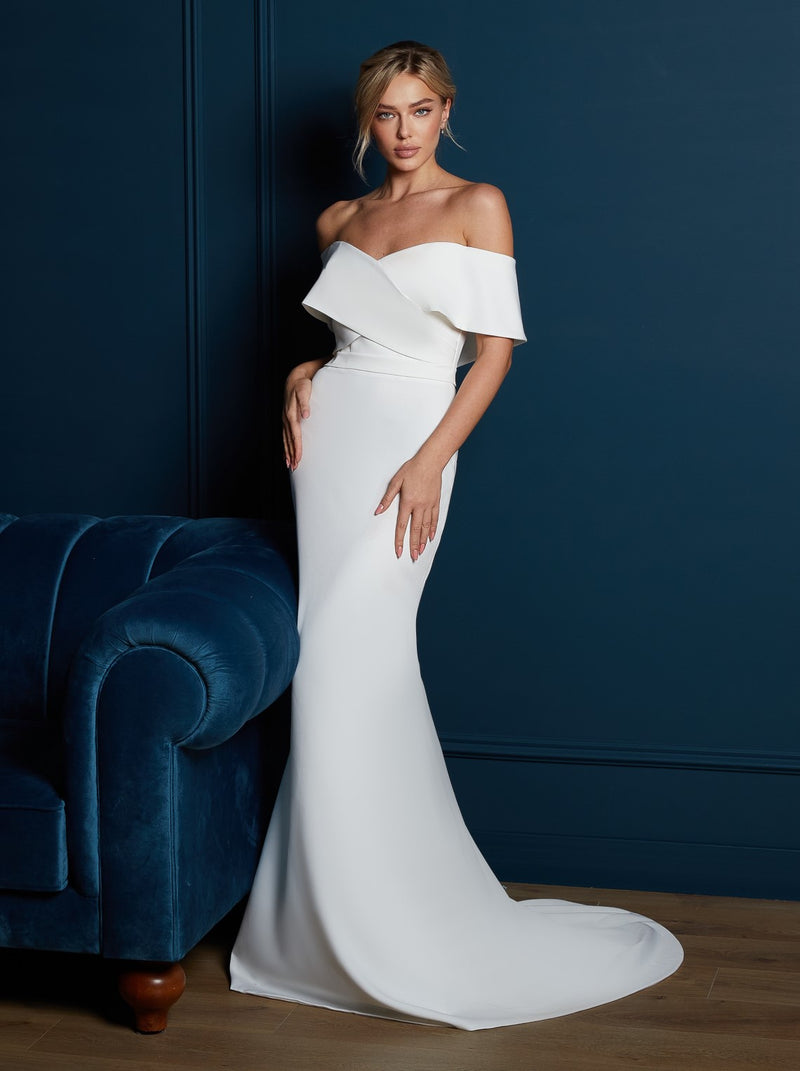 off shoulder minimalist wedding dress Modest Simple Ivory A Line Off Shoulder Wedding Dresses, Bridal Gown, MW517