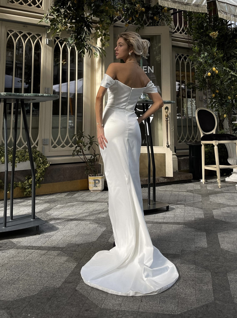 fitted ruched wedding dress in satin