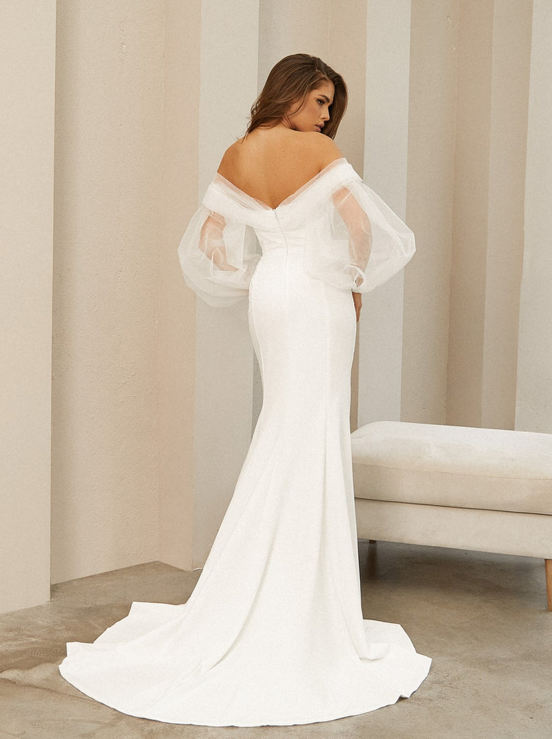 fit and flare wedding dress with pull-on sleeves