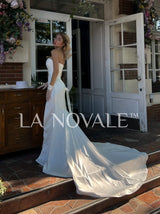 lace up bandeau strapless bridal gown in satin