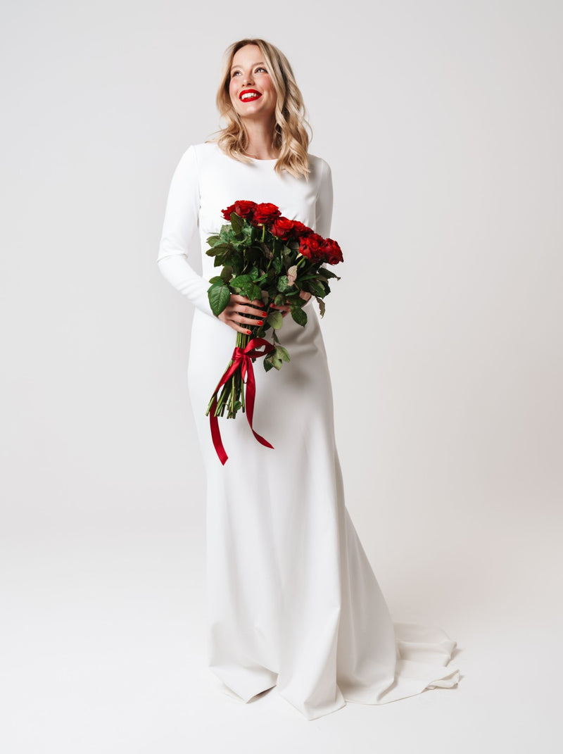 minimalist fit and flare wedding dress with long sleeve