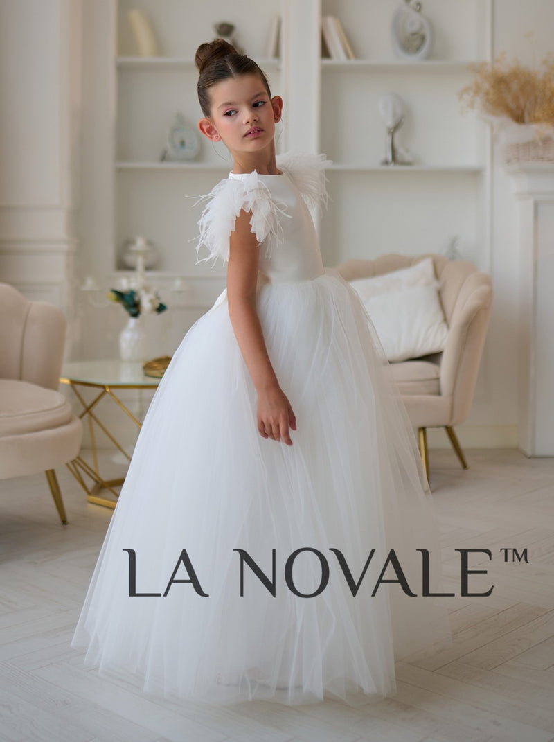modern classic ivory flower girl dress with flutter sleeves