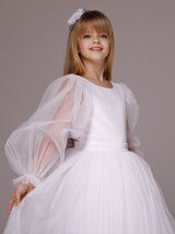 Modest velvet flower girl dress in white