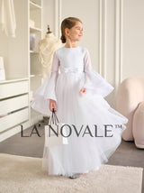 True white flower girl dress for church wedding