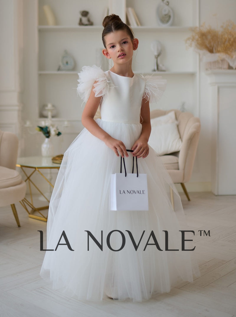 modern classic ivory flower girl dress with flutter sleeves