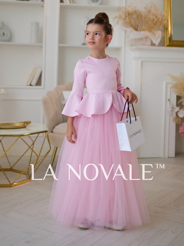 Graceful 3/4 sleeve pale pink formal dress for girls with peplum skirt