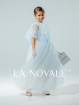 light blue modest flower girl dress with French lace capelet