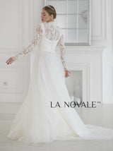 Modest two piece wedding dress with full sleeve chantilly lace top