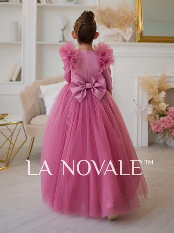 full length Mauve flower girl dress with half sleeve