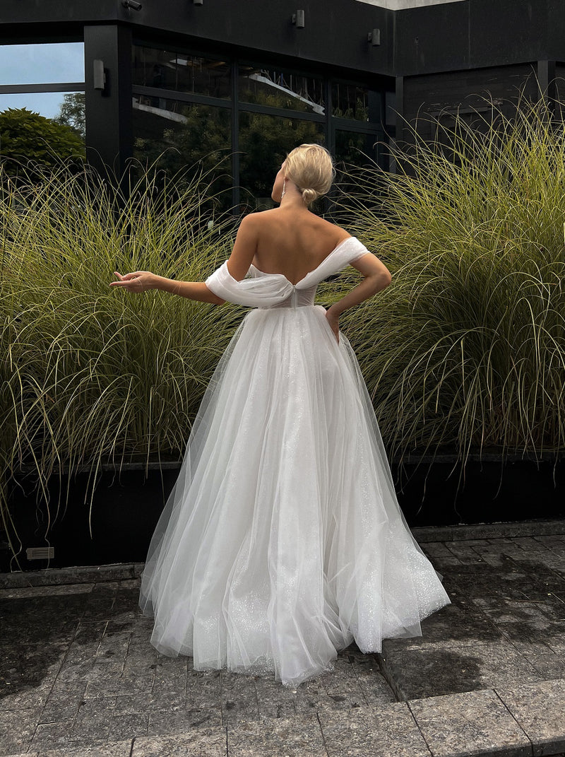 Sparkle wedding dress with pull on puff sleeves La Novale Atelier Sparkle wedding dress with pull on puff sleeves La Novale Atelier