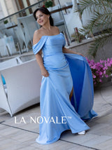 Ruched waist A-line satin evening dress in sky blue