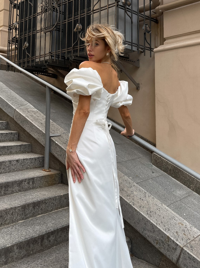 Puff sleeve ruched wedding dress in satin