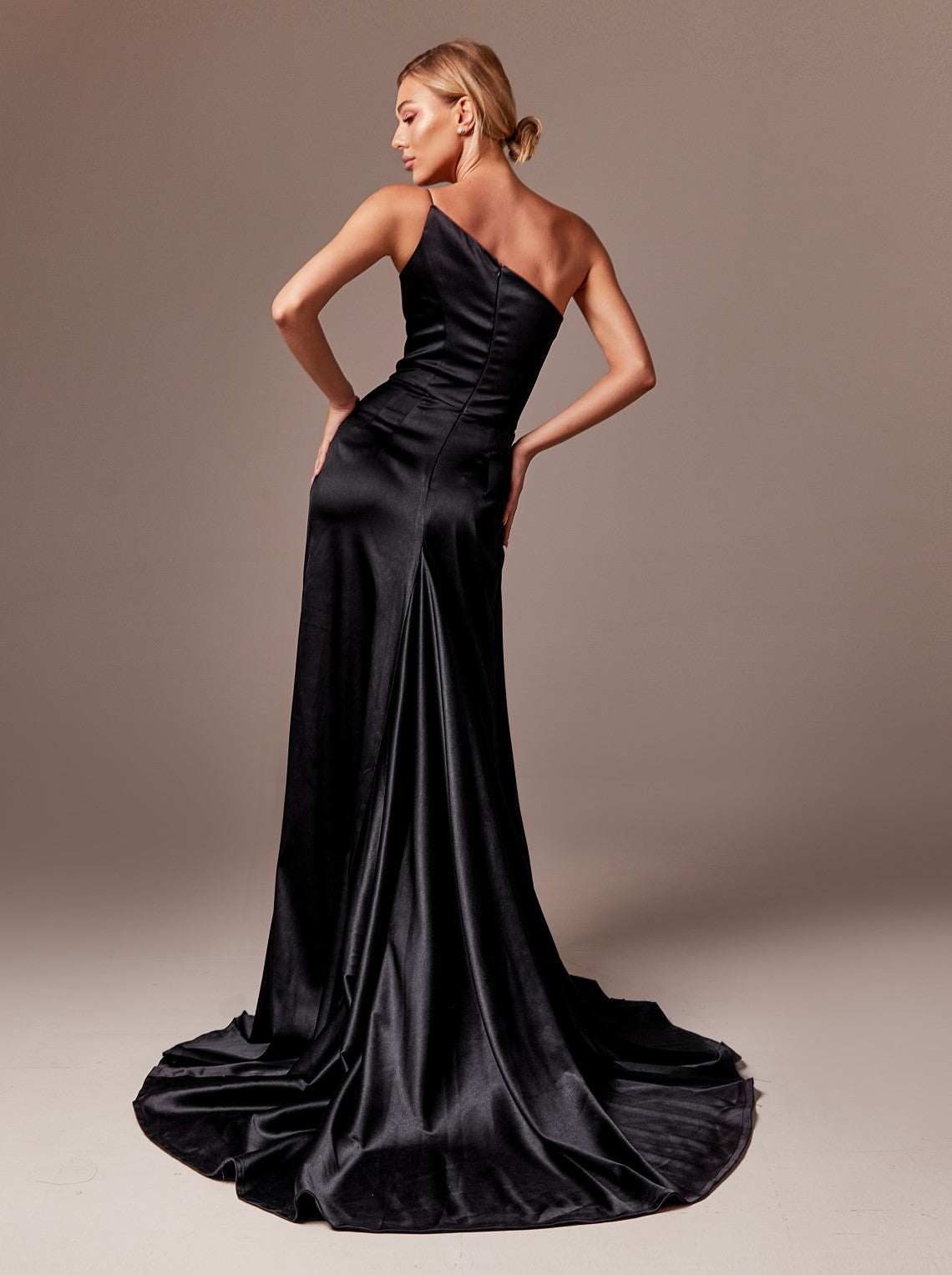 One shoulder black satin wedding dress – La Novale Atelier