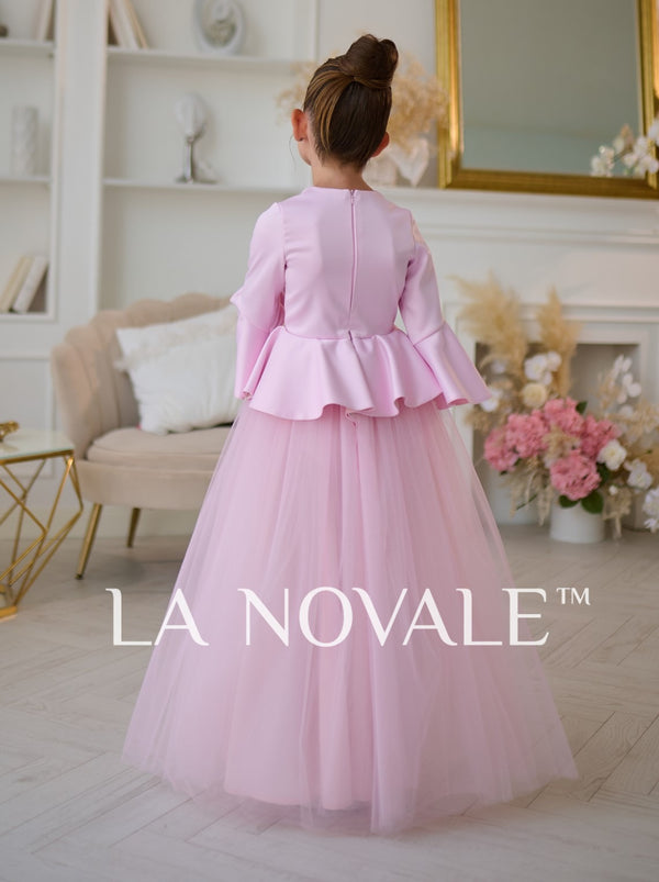 Graceful 3/4 sleeve pale pink formal dress for girls with peplum skirt