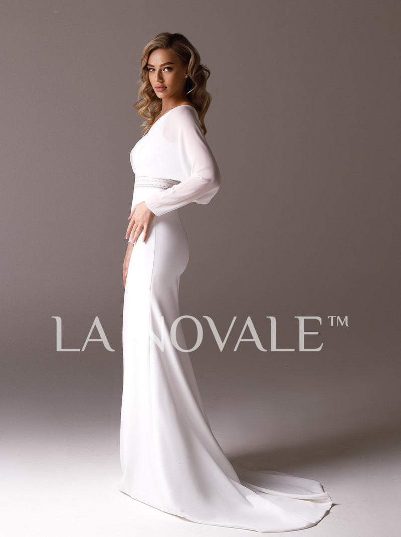 crepe minimalist wedding dress with dolman sleeve La Novale Atelier crepe minimalist wedding dress with dolman sleeve La Novale Atelier