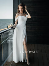 Delicate off-the-shoulder chiffon wedding dress