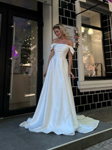 pleated corset A-line satin wedding dress