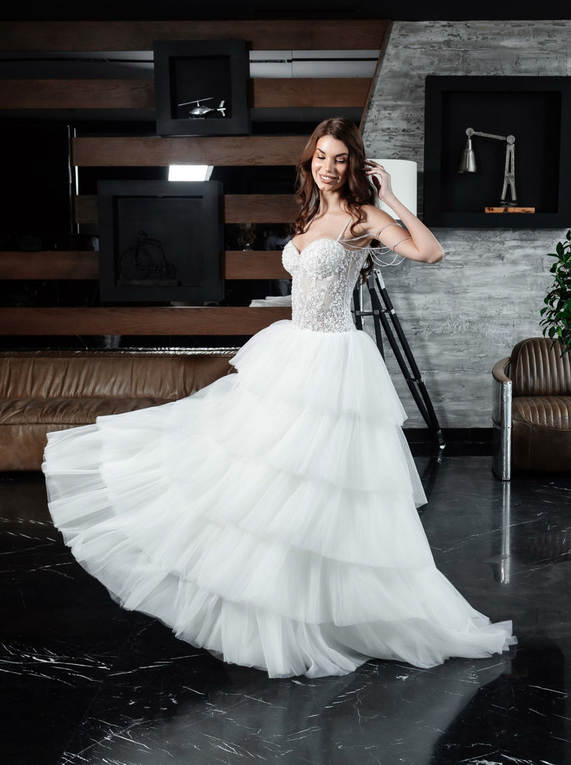 Drop waist corset bridal gown with tiered skirt