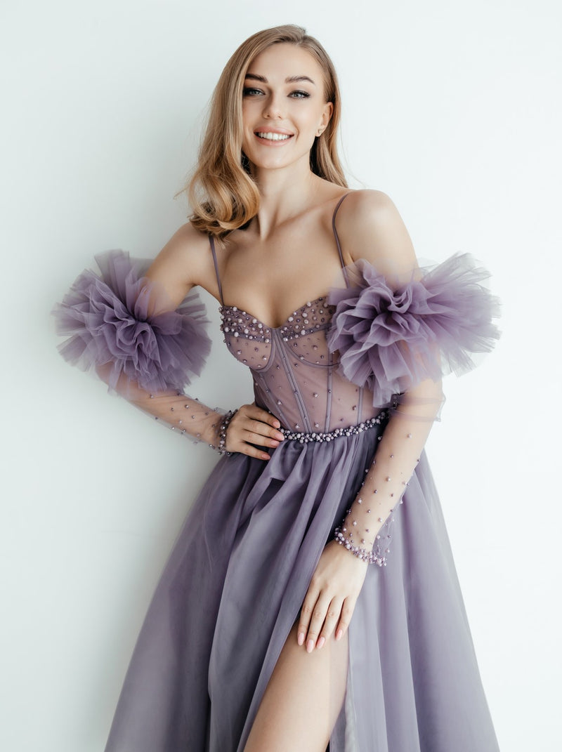Lace up corset tulle coctail dress with beaded pull on sleeves
