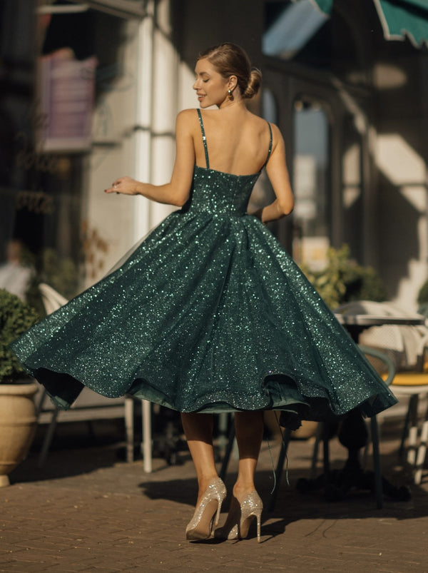 1950s inspired sparkle swing dress in emerald green