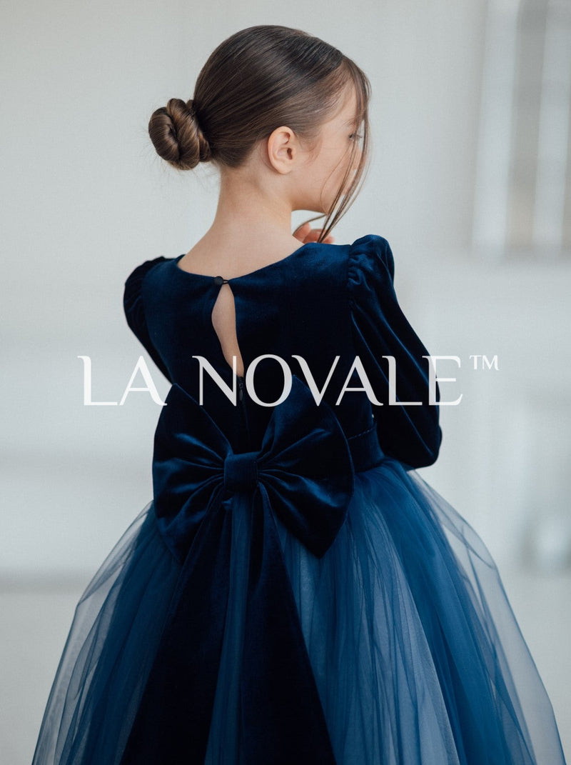 navy blue childrens dresses Kids two tone family portraits velvet dress with long sleeves – La Novale Atelier
