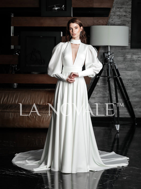 Choker neck A-line bridal gown with full puff sleeves