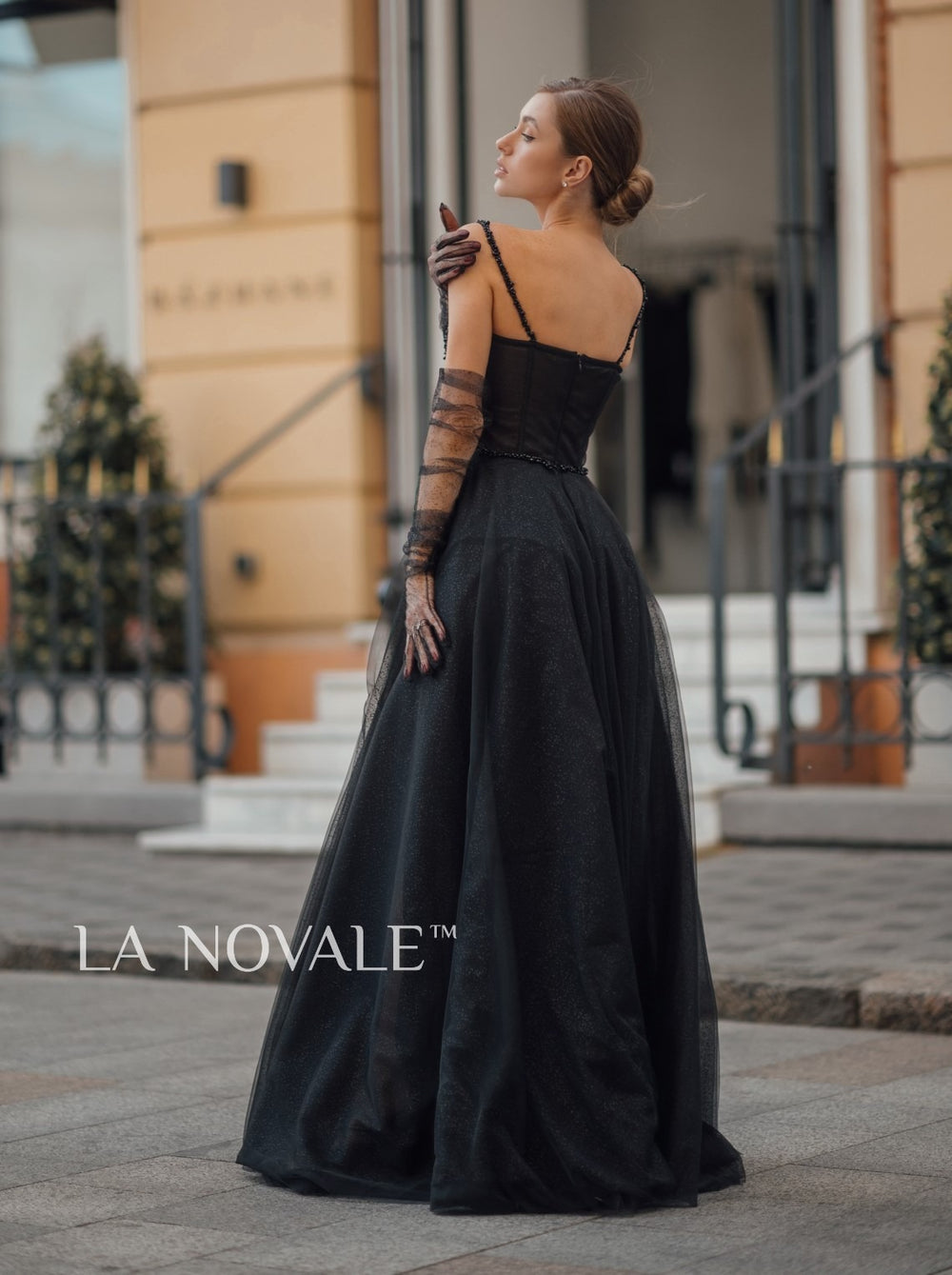 Rhinestone trim bustier evening dress in black – La Novale Atelier