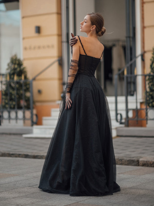 Rhinestone trim bustier evening dress in black