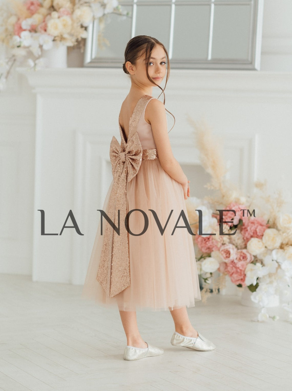 Tea length simple flower girl dress with sequin trim La Novale Atelier Tea length simple flower girl dress with sequin trim La Novale Atelier