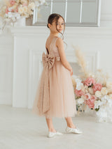 Tea length simple flower girl dress with sequin trim