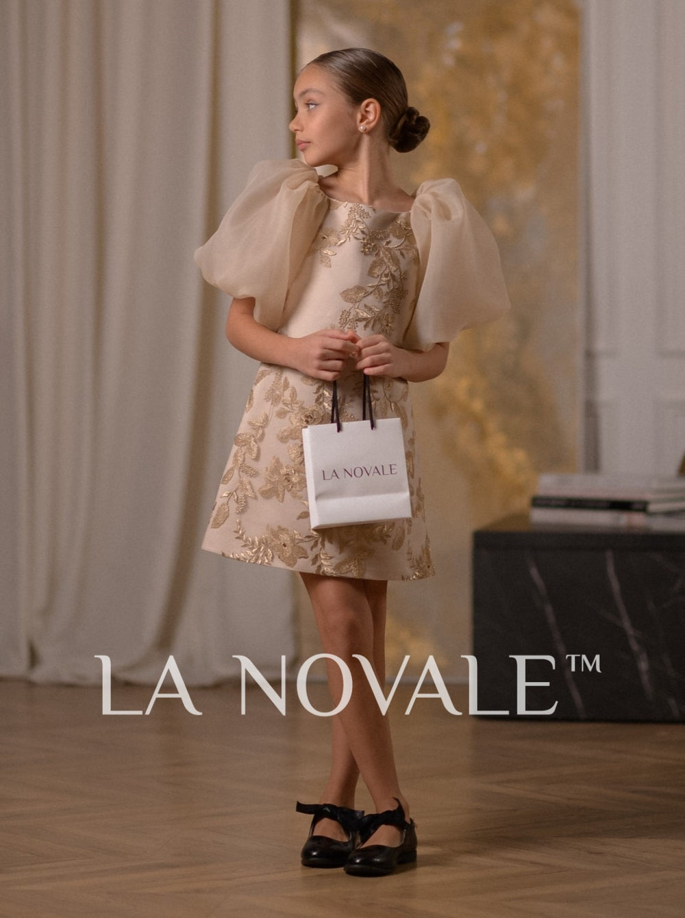 Girls trapeze coctail dress with puff organza sleeves – La Novale Atelier