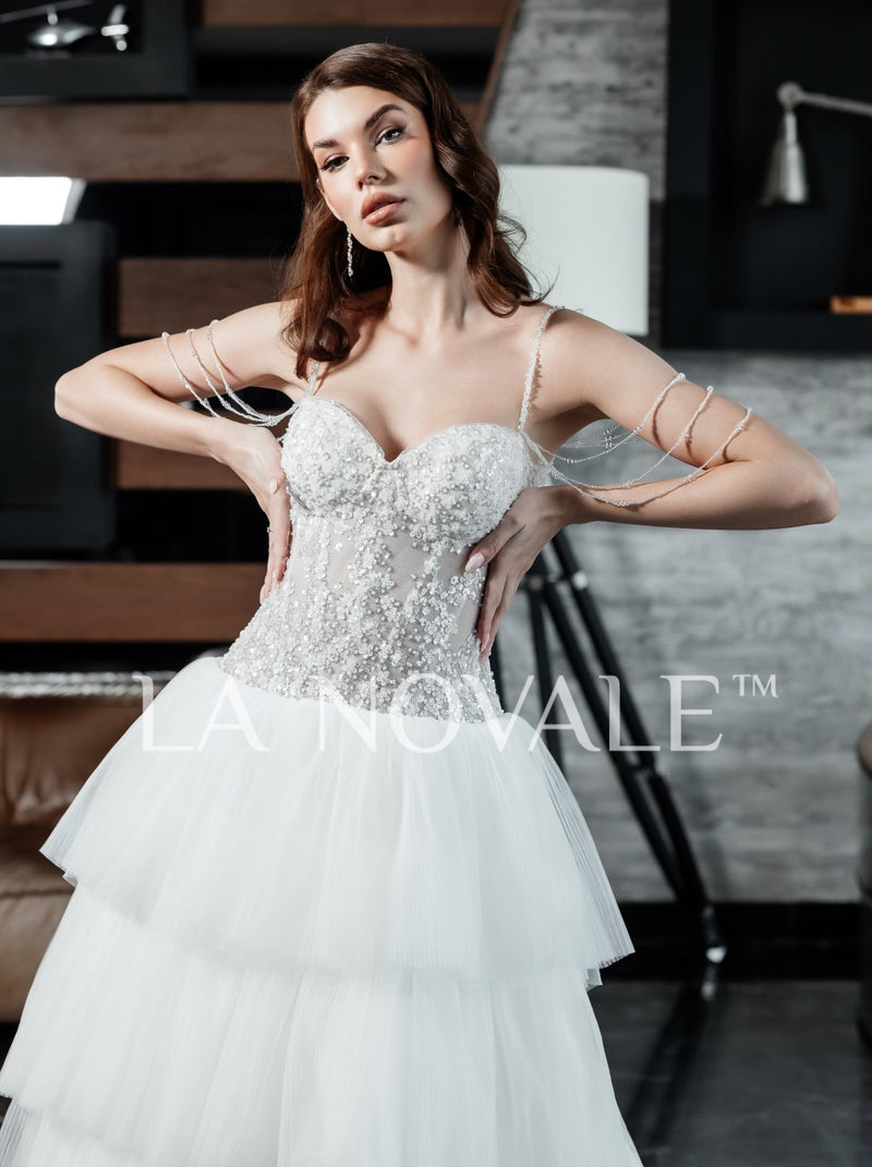 Drop waist corset bridal gown with tiered skirt