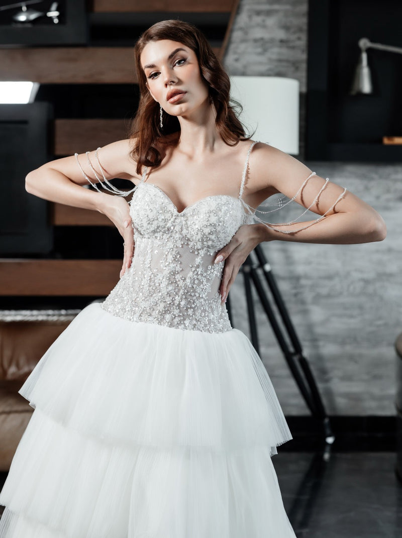 Drop waist corset bridal gown with tiered skirt