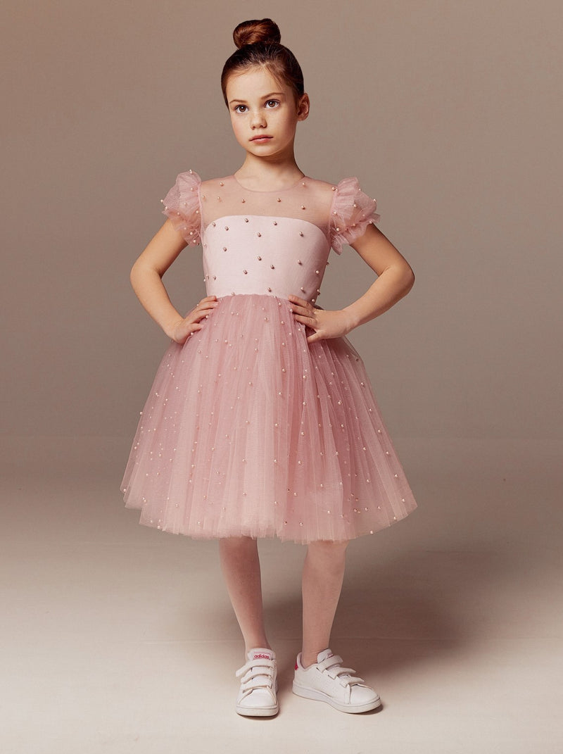 Puff sleeve short flower girl dress with pearls