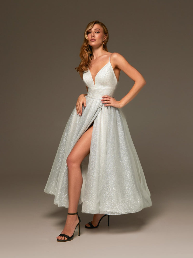Ballerina Length Lace Up Evening Dress with Waist Panel