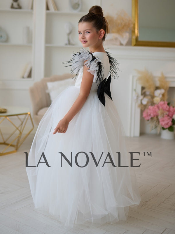 white and black modern flower girl dress
