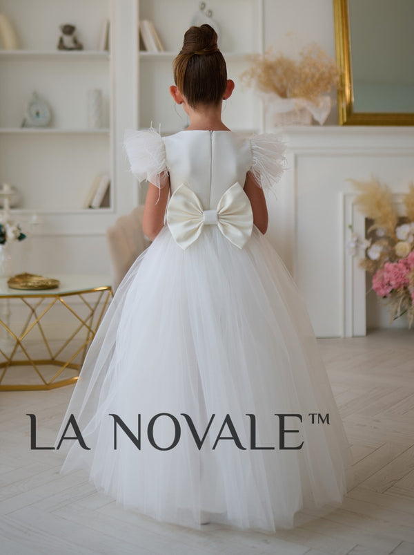 modern classic ivory flower girl dress with flutter sleeves