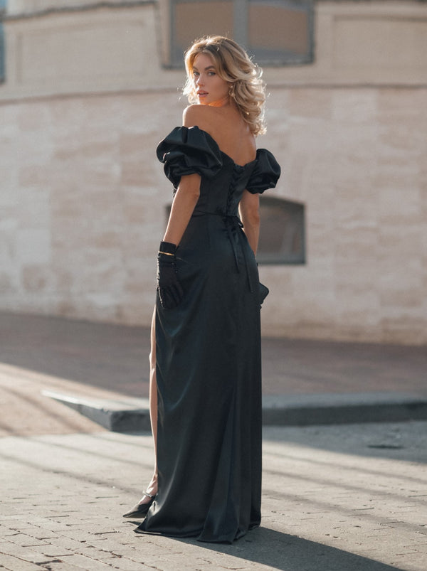 Black sparkle corset evening dress with rhinestone trim – La Novale Atelier