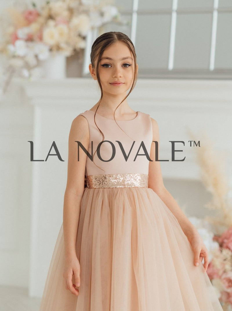 Tea length simple flower girl dress with sequin trim