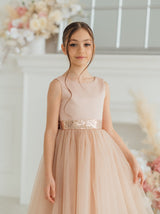 Tea length simple flower girl dress with sequin trim