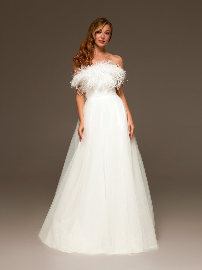 Feather Trim Strapless Evening Gown