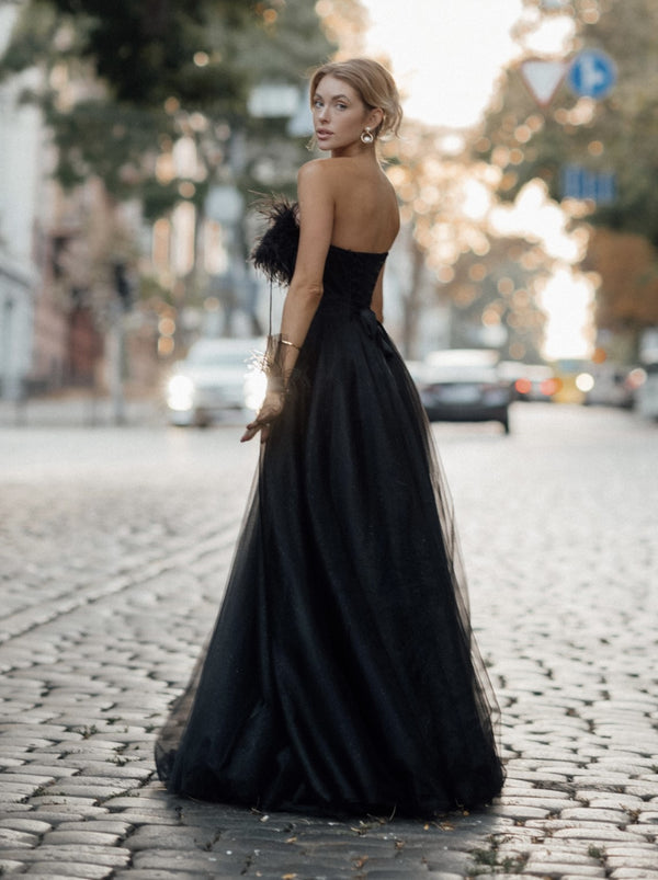 Feather Trim Strapless Evening Gown