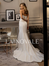 lace up bandeau strapless bridal gown in satin