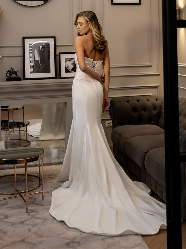 lace up bandeau strapless bridal gown in satin